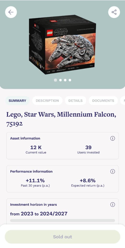 Splint Invest — Millennium Falcon LEGO set listing